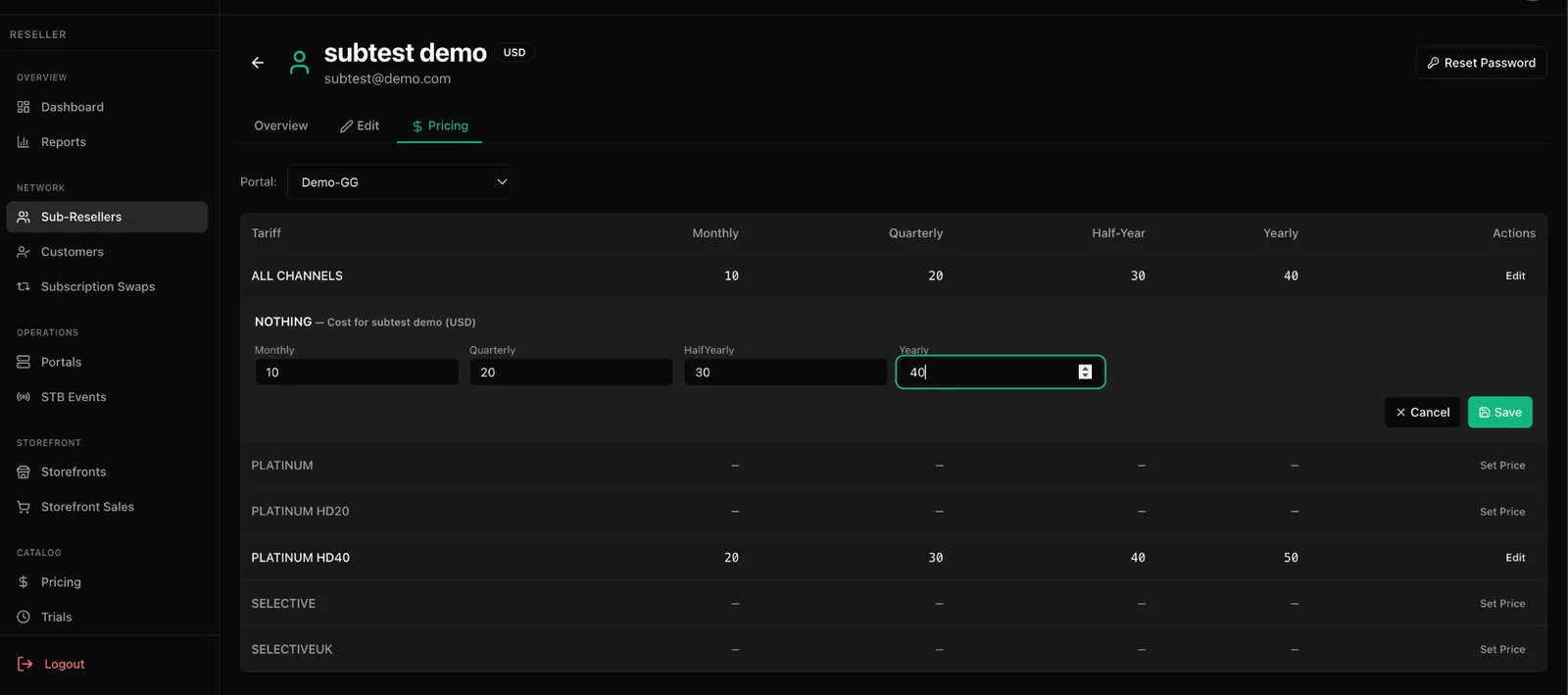 The sub-reseller Pricing tab with a portal selector and a tariff table showing monthly, quarterly, half-year and yearly columns, with one row expanded into editable price fields