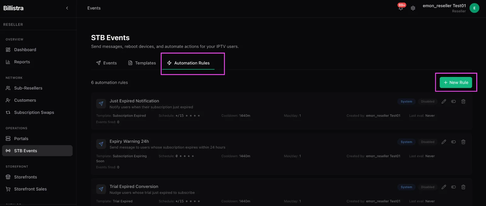 The Automation Rules tab of STB Events showing six rules including Just Expired Notification, Expiry Warning 24h and Trial Expired Conversion, with the New Rule button highlighted