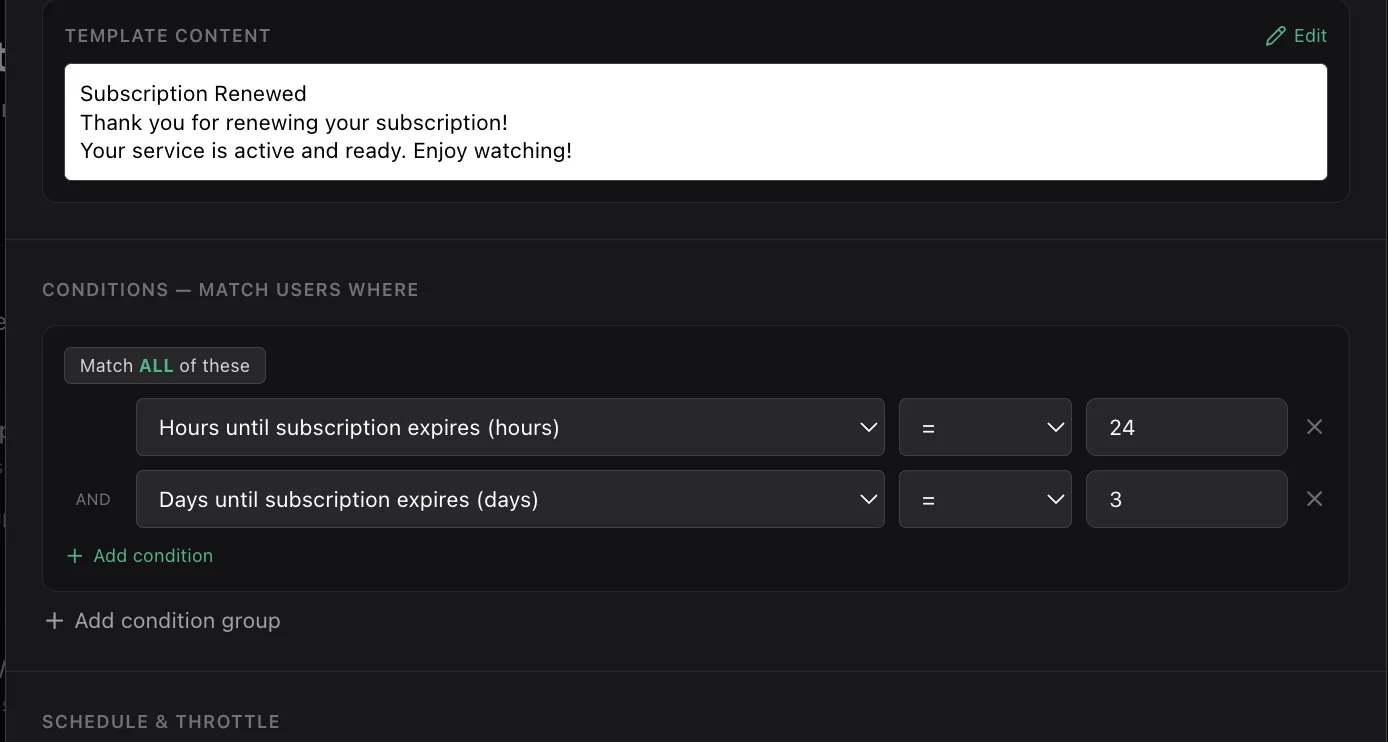The conditions section showing Match ALL of these with two conditions: hours until subscription expires equals 24, and days until subscription expires equals 3