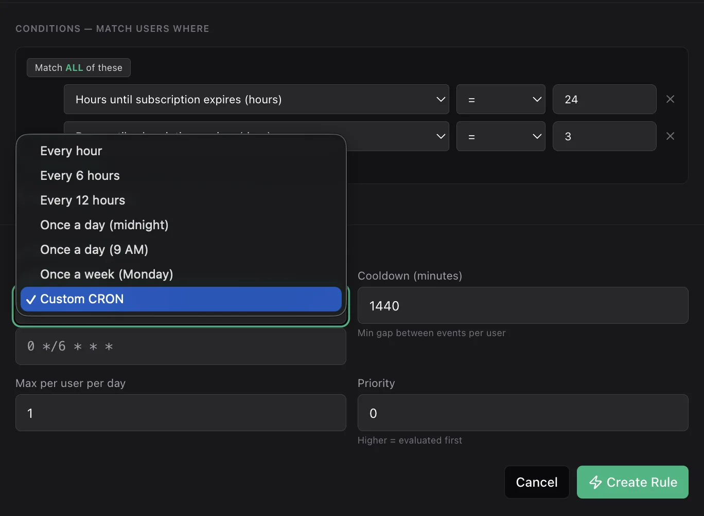 The schedule and throttle section with a schedule dropdown open showing Every hour, Every 6 hours, Once a day and Custom CRON, plus cooldown, max per user per day and priority fields