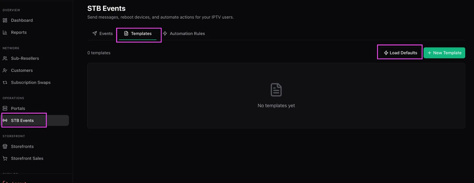 The Templates tab of STB Events showing zero templates and the Load Defaults button highlighted next to New Template