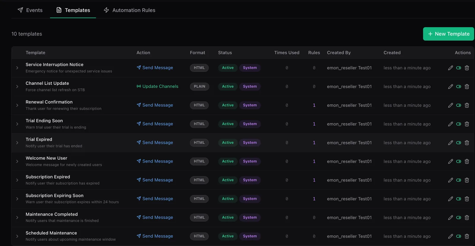 The templates list populated with ten system templates including Service Interruption Notice, Channel List Update, Renewal Confirmation, Trial Ending Soon, Welcome New User and Scheduled Maintenance