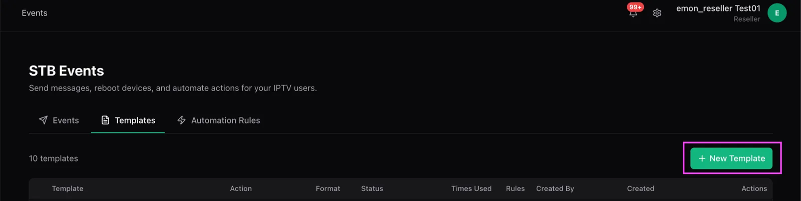 The Templates tab header with the New Template button highlighted
