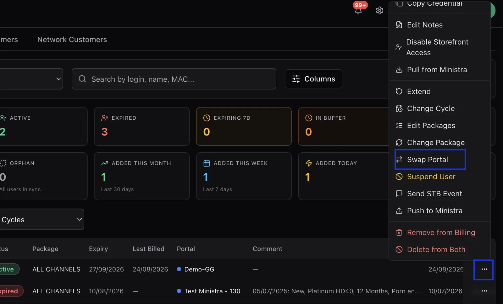 The customer row action menu open with the Swap Portal option highlighted