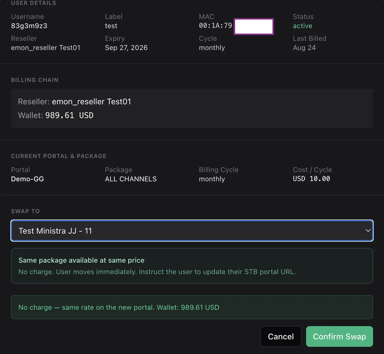 The Swap Portal dialog showing user details, billing chain, the current portal and package, the target portal dropdown and a green notice saying the same package is available at the same price with no charge