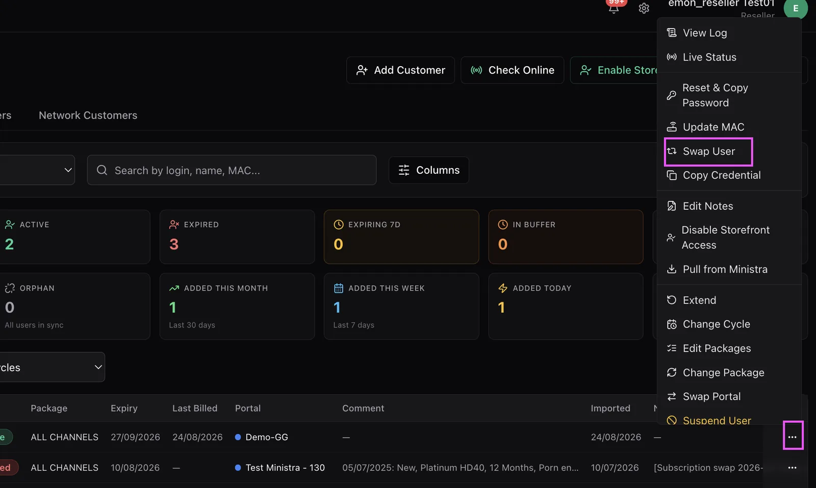 The customer row action menu open with the Swap User option highlighted, below Update MAC