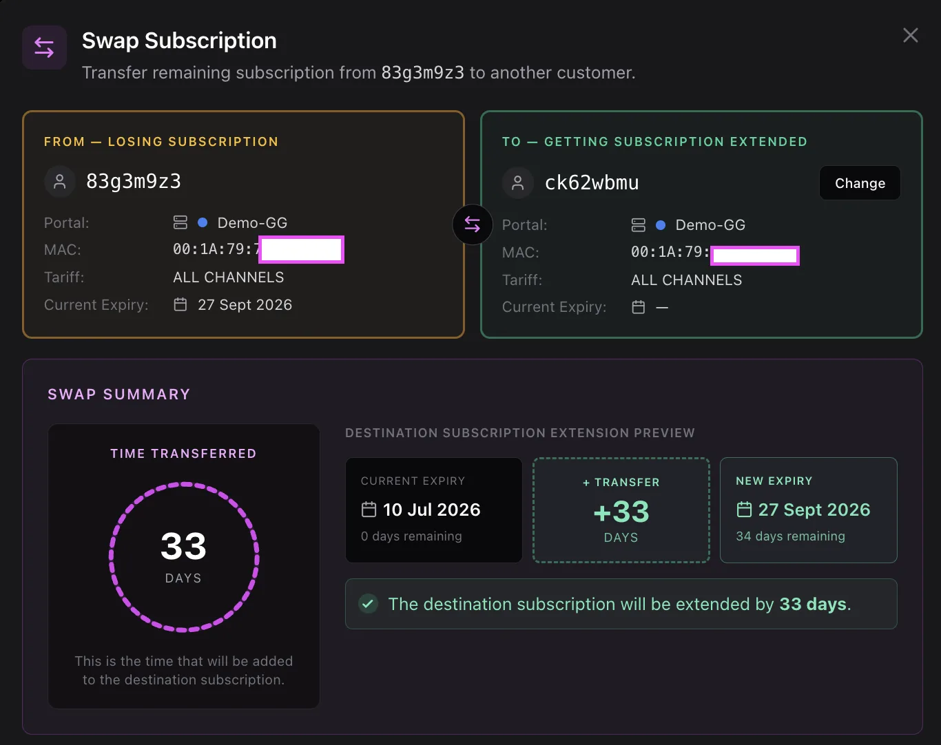 The Swap Subscription dialog showing the source user losing the subscription and the destination user gaining it, with a swap summary showing 33 days transferred and a preview of the destination's new expiry
