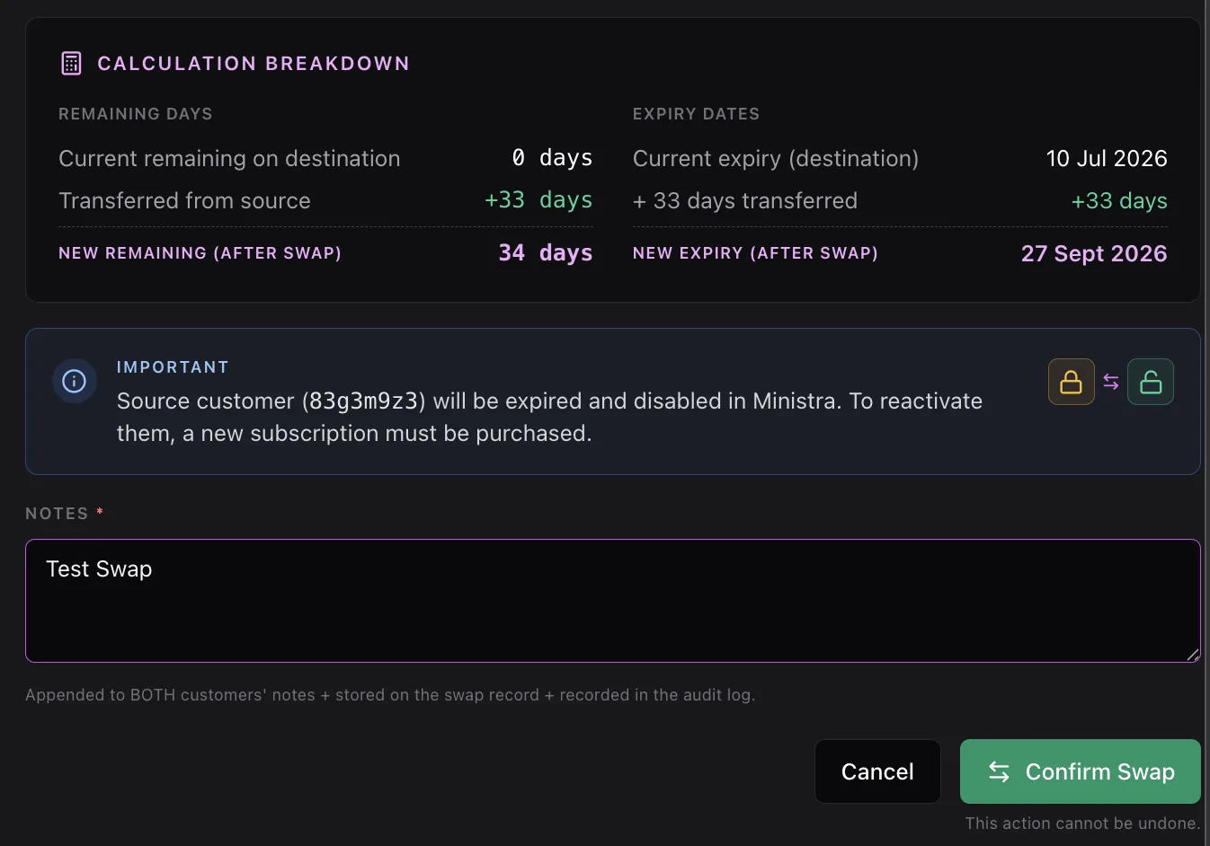 The calculation breakdown showing remaining days and expiry dates before and after, an important notice that the source customer will be expired and disabled in Ministra, and a required notes field